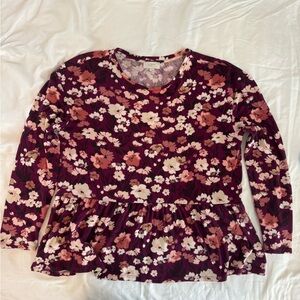 LOFT Burgundy and Pink Floral Long Sleeve Peplum Top